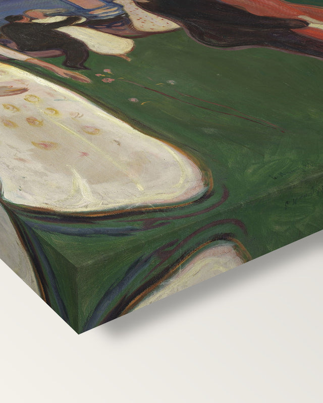 The Dance of Life by Edvard Munch on stretched canvas, corner close-up: the painting mirror-wrapped round the sides