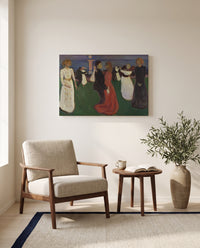 The Dance of Life by Edvard Munch as a stretched canvas above a linen lounge chair in a reading corner