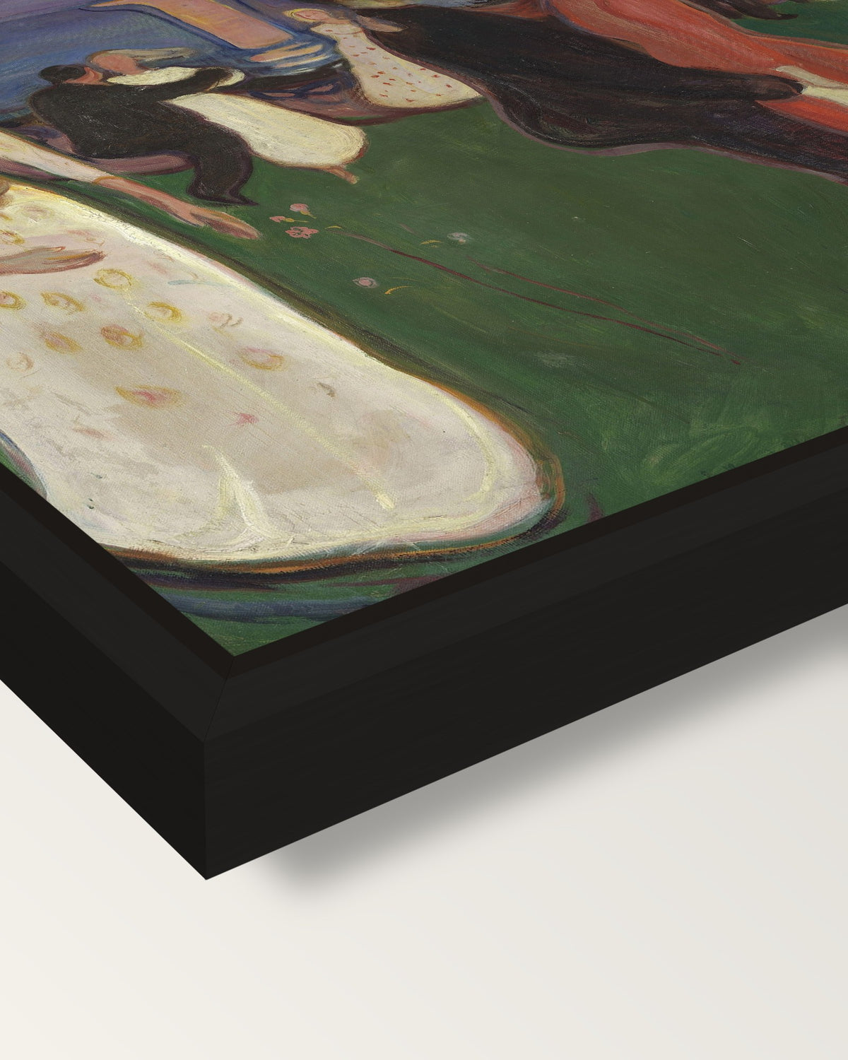 The Dance of Life by Edvard Munch framed canvas, corner close-up: a black floating frame with a shadow gap round the canvas