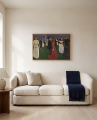 The Dance of Life by Edvard Munch framed in natural oak above a cream sofa in a warm living room