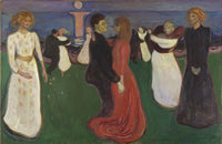 The Dance of Life by Edvard Munch: couples dancing on a green meadow by a moonlit fjord, a woman in red at the centre