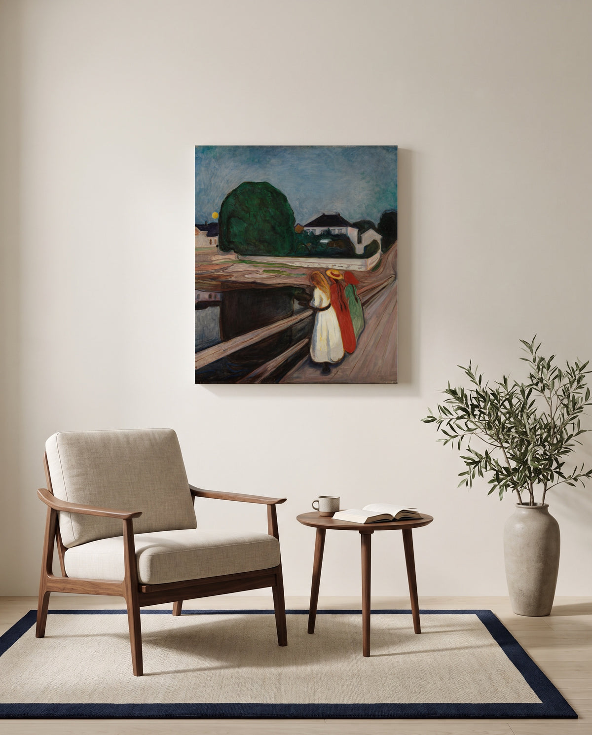 The Girls on the Bridge by Edvard Munch as a stretched canvas above a linen lounge chair in a reading corner