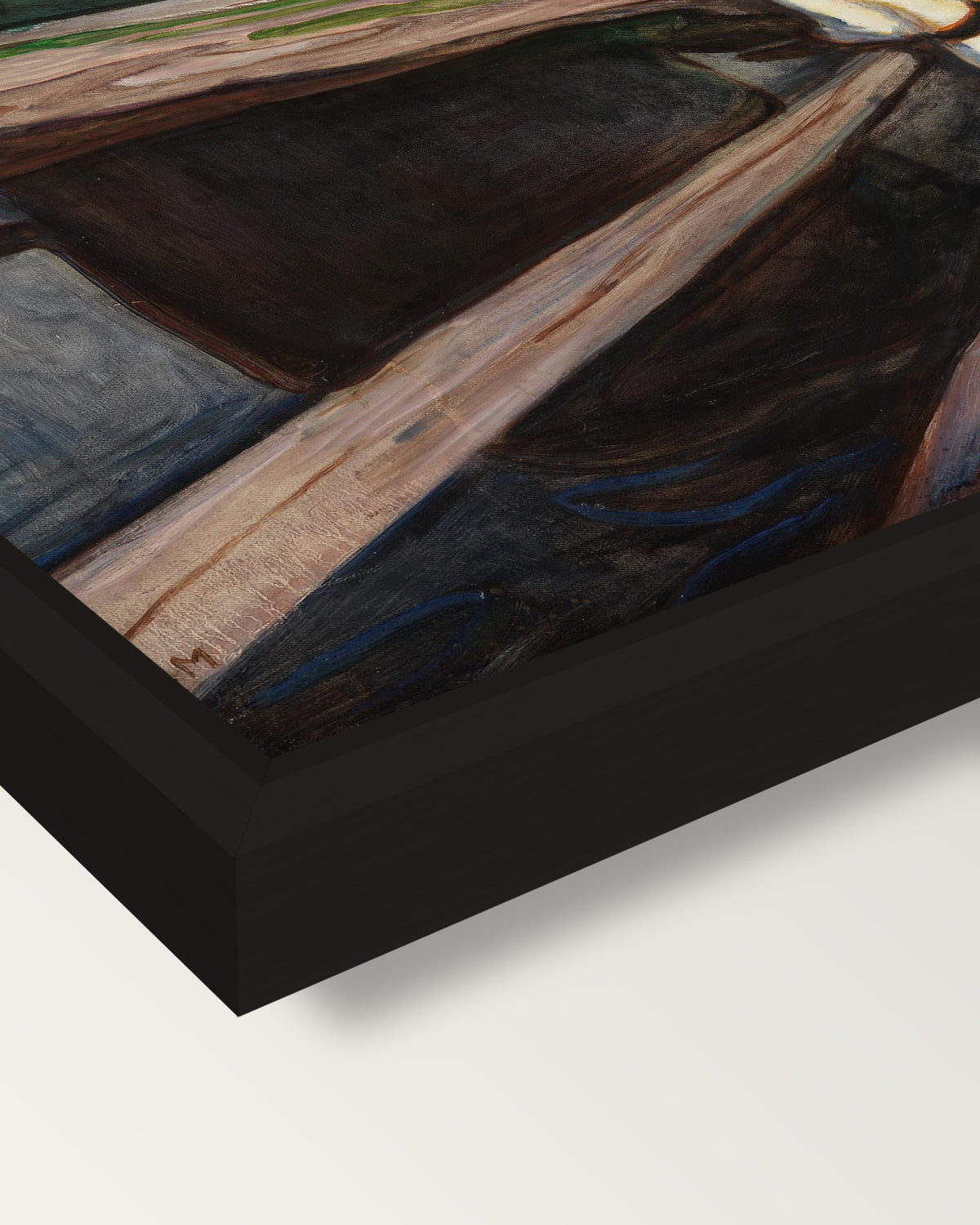 The Girls on the Bridge by Munch framed canvas, corner close-up: a black floating frame with a shadow gap round the canvas