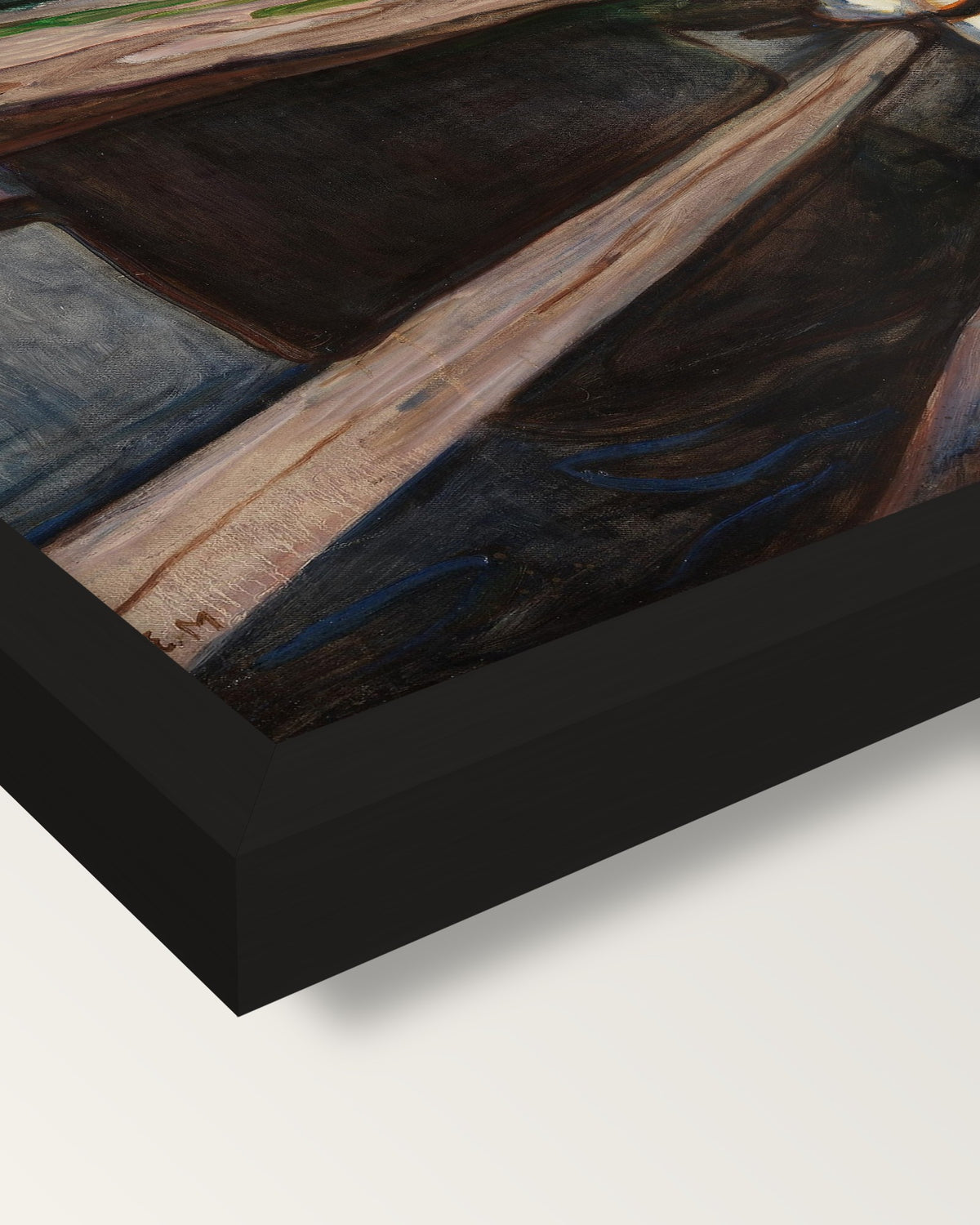 The Girls on the Bridge by Munch framed print, corner close-up: black moulding, mitred, the print set just below its edge