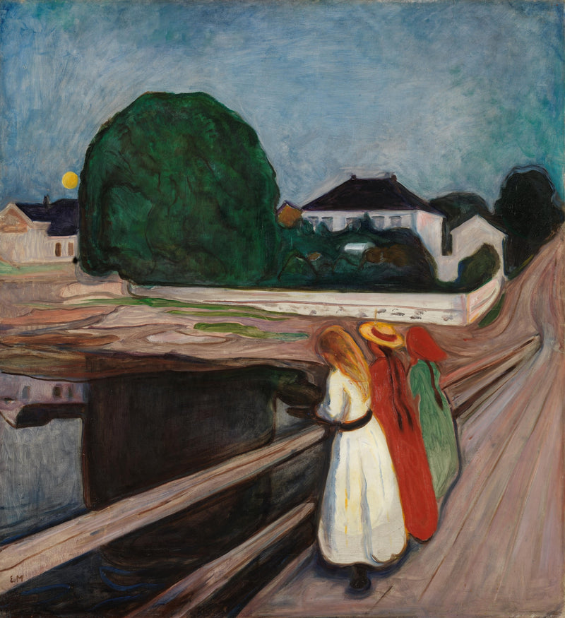 The Girls on the Bridge by Edvard Munch: three girls in white, red and green at a railing, a dark tree beyond