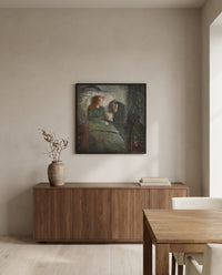 The Sick Child by Edvard Munch in a black frame above a walnut sideboard in a dining room