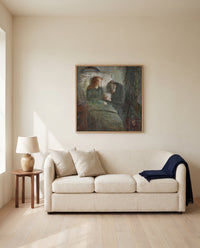 The Sick Child by Edvard Munch framed in natural oak above a cream sofa in a warm living room