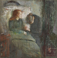The Sick Child by Edvard Munch: a pale red-haired girl against a white pillow, a woman bowing her head beside her
