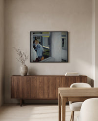 Apartment Houses by Edward Hopper in a black frame above a walnut sideboard in a dining room