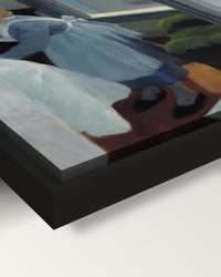 Apartment Houses by Edward Hopper framed canvas, corner close-up: black floating frame, painted edge in the shadow gap