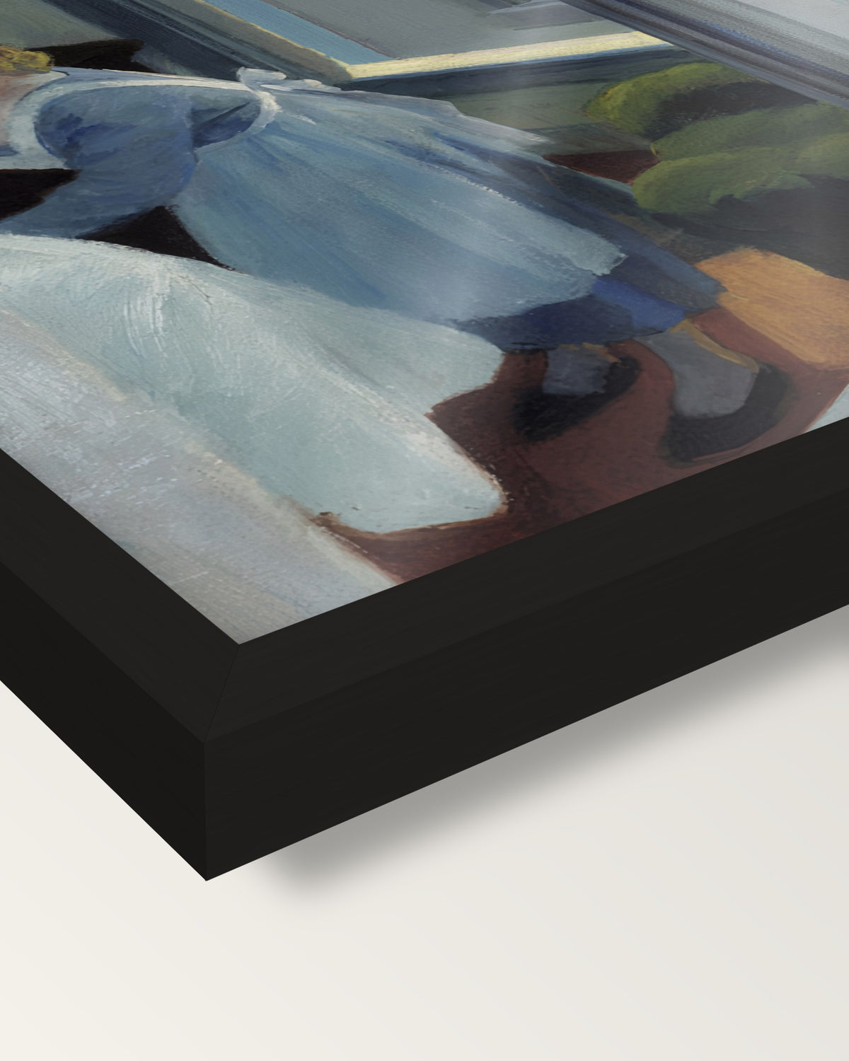 Apartment Houses by Edward Hopper framed print, corner close-up: black moulding, edge to edge under plexiglass, no mat
