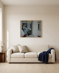 Apartment Houses by Edward Hopper framed in natural oak above a cream sofa in a warm living room