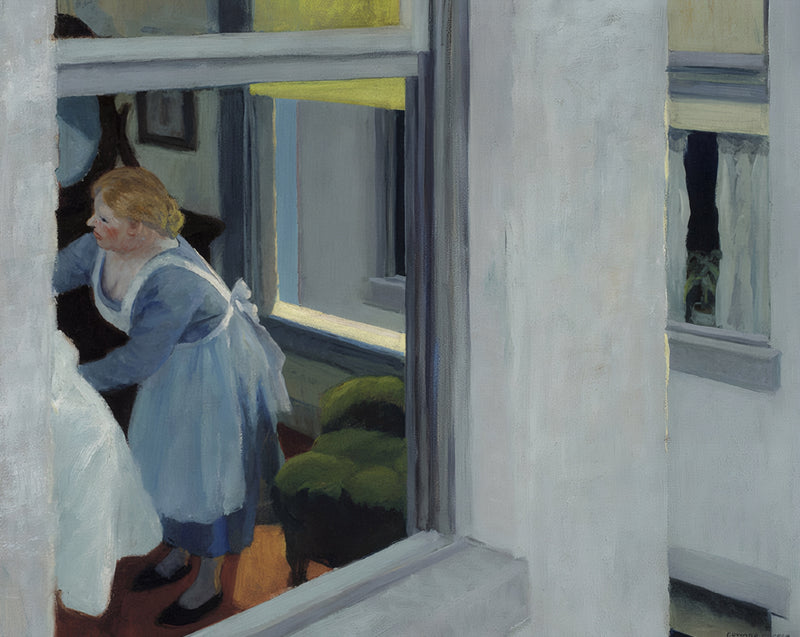Apartment Houses by Edward Hopper: a woman in an apron makes a bed in a flat, seen through a window, another building outside