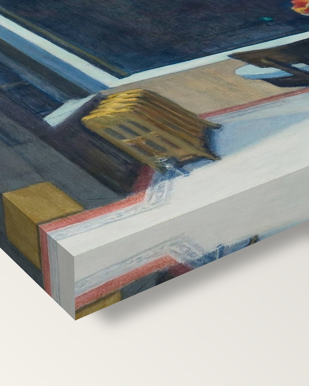 Automat by Edward Hopper on stretched canvas, corner close-up: the painting mirror-wrapped round the sides