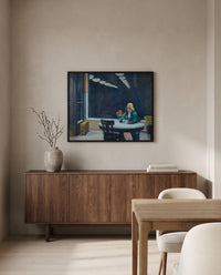 Automat by Edward Hopper in a black frame above a walnut sideboard in a dining room