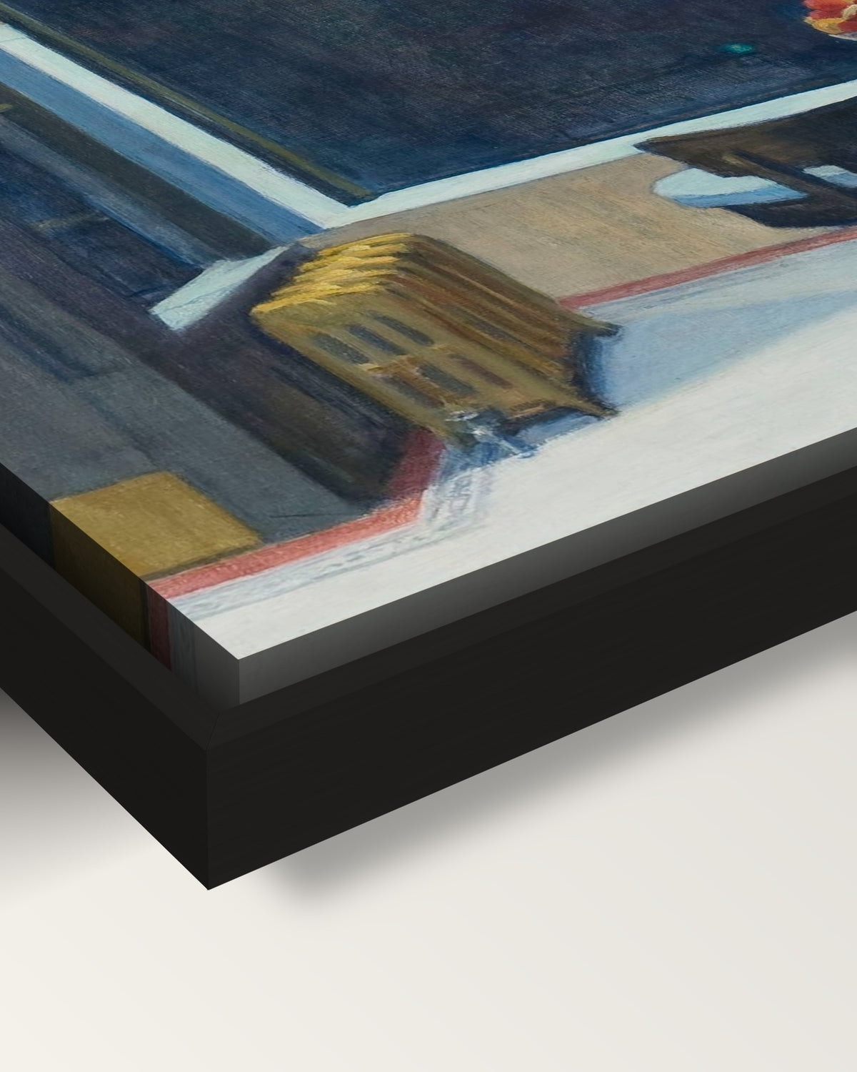 Automat framed canvas, corner close-up: the canvas in a slim black floating frame, its painted edge in the shadow gap