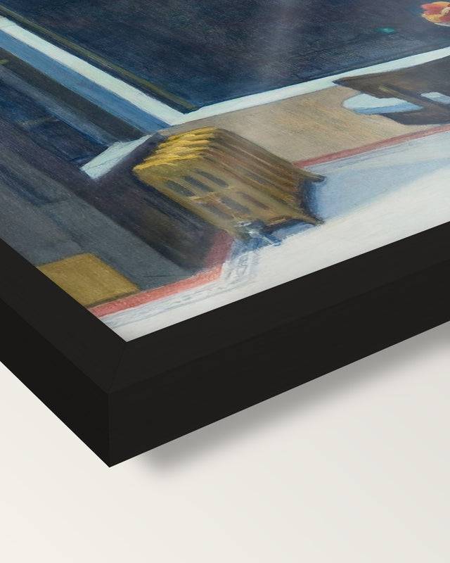 Automat by Edward Hopper framed print, corner close-up: black moulding, the print edge to edge behind plexiglass, no mat