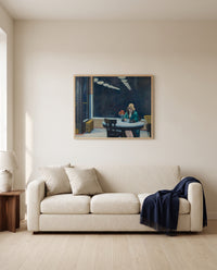 Automat by Edward Hopper framed in natural oak above a cream sofa in a warm living room