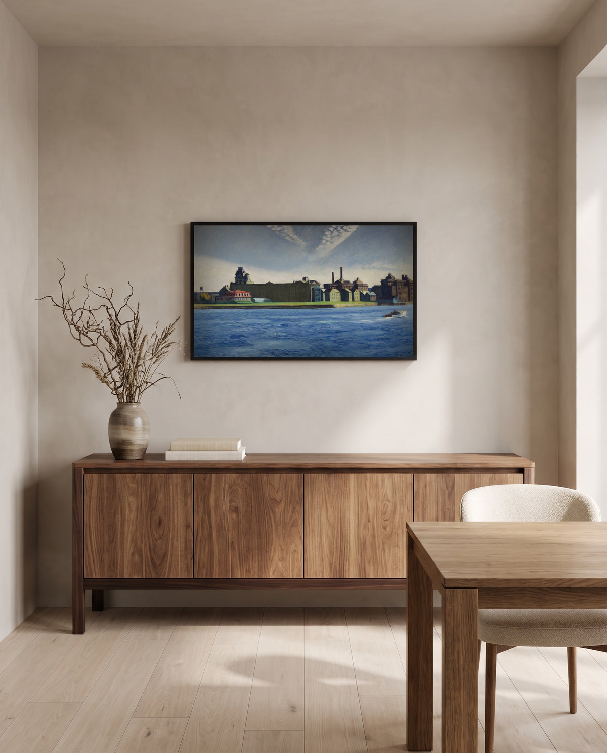 Blackwell’s Island by Edward Hopper in a black frame above a walnut sideboard in a dining room