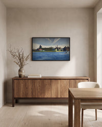 Blackwell’s Island by Edward Hopper in a black frame above a walnut sideboard in a dining room