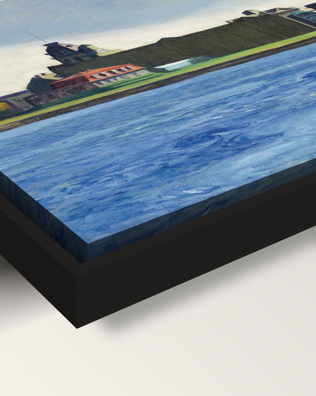 Blackwell’s Island by Edward Hopper framed canvas, corner close-up: black floating frame, painted edge in the shadow gap