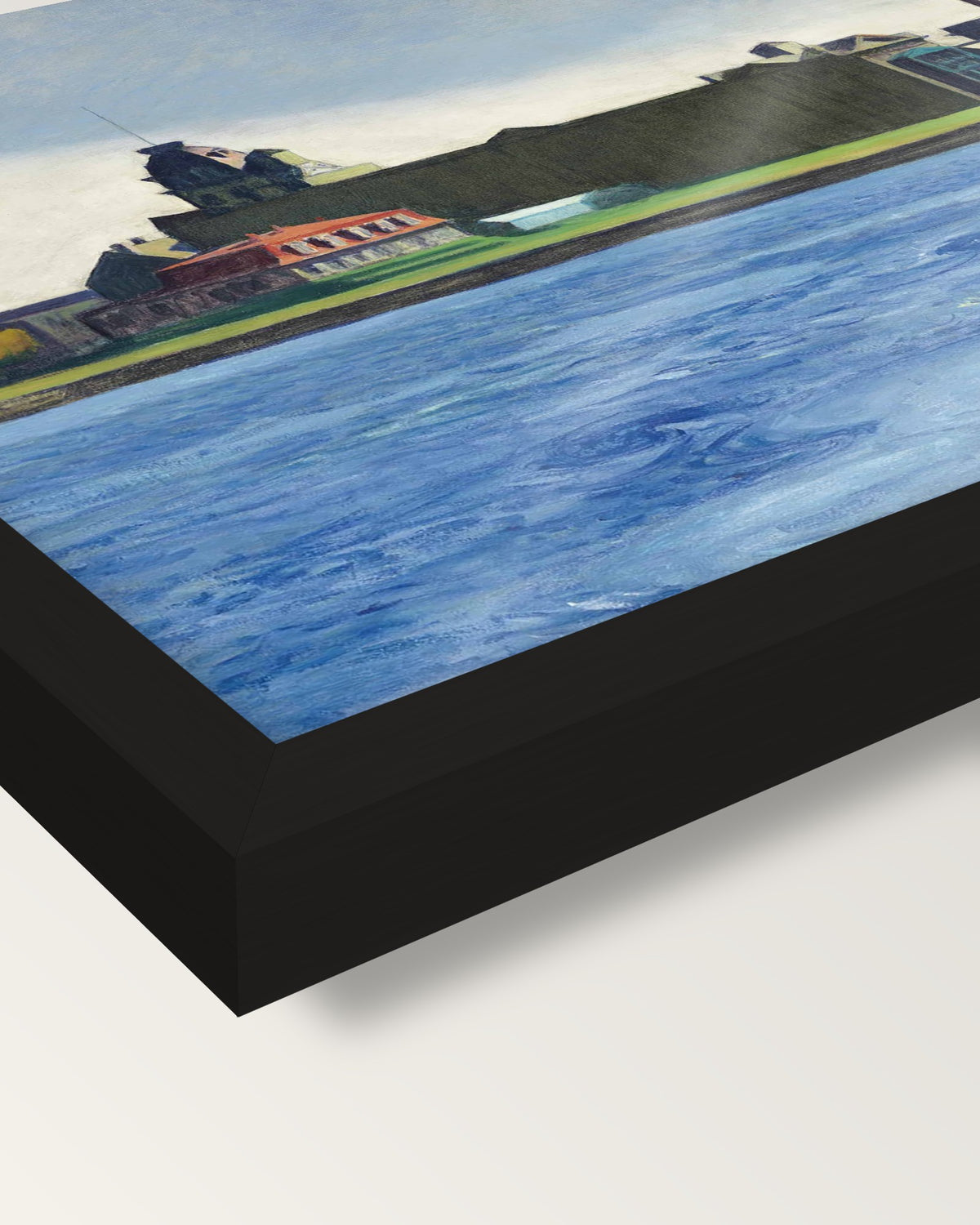 Blackwell’s Island by Edward Hopper framed print, corner close-up: black moulding, edge to edge under plexiglass, no mat