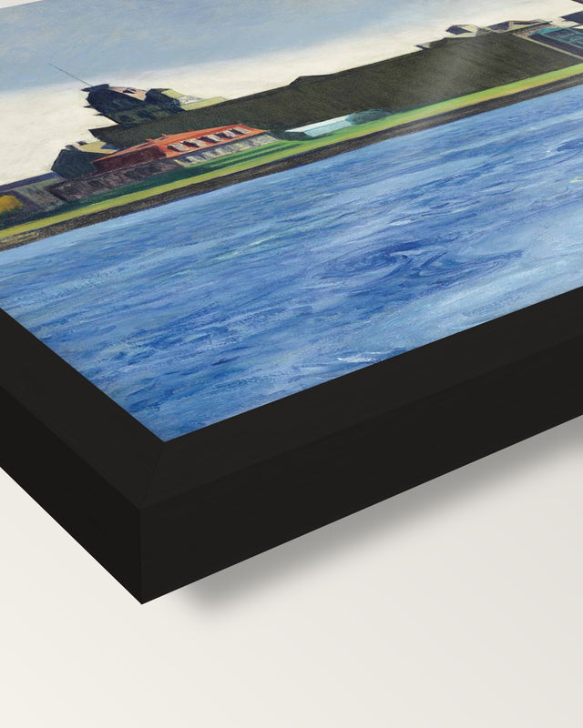 Blackwell’s Island by Edward Hopper framed print, corner close-up: black moulding, edge to edge under plexiglass, no mat