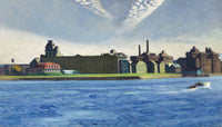 Blackwell’s Island by Edward Hopper: low buildings and chimneys on an island across wide blue water, a small boat at right
