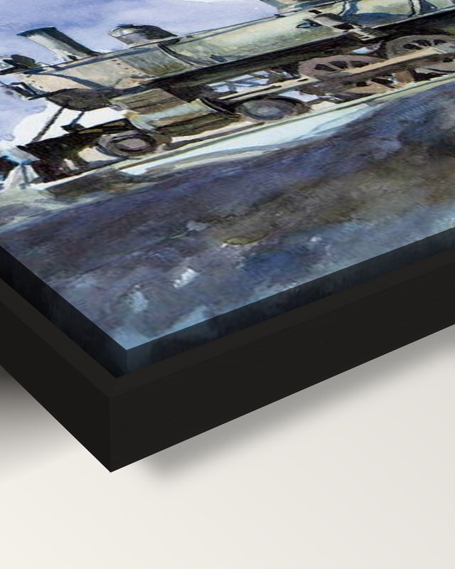 D. & R.G. Locomotive by Edward Hopper framed canvas, corner close-up: black floating frame, painted edge in the shadow gap