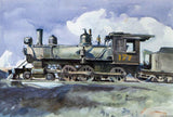 D. & R.G. Locomotive by Edward Hopper: a black steam locomotive in sunlight under white clouds, watercolour