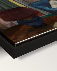 Eleven A.M. framed canvas, corner close-up: the canvas in a slim black floating frame, its painted edge in the shadow gap