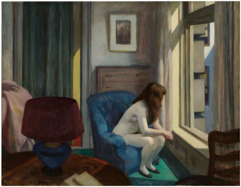 Eleven A.M. by Edward Hopper: a nude woman sits forward in a blue armchair, gazing out of a sunlit window