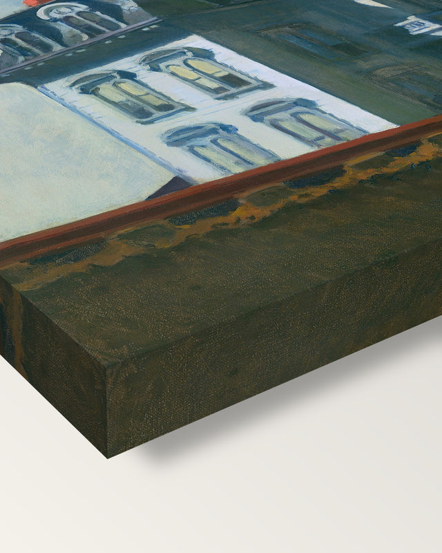 House by the Railroad by Edward Hopper on stretched canvas, corner close-up: the painting mirror-wrapped round the sides