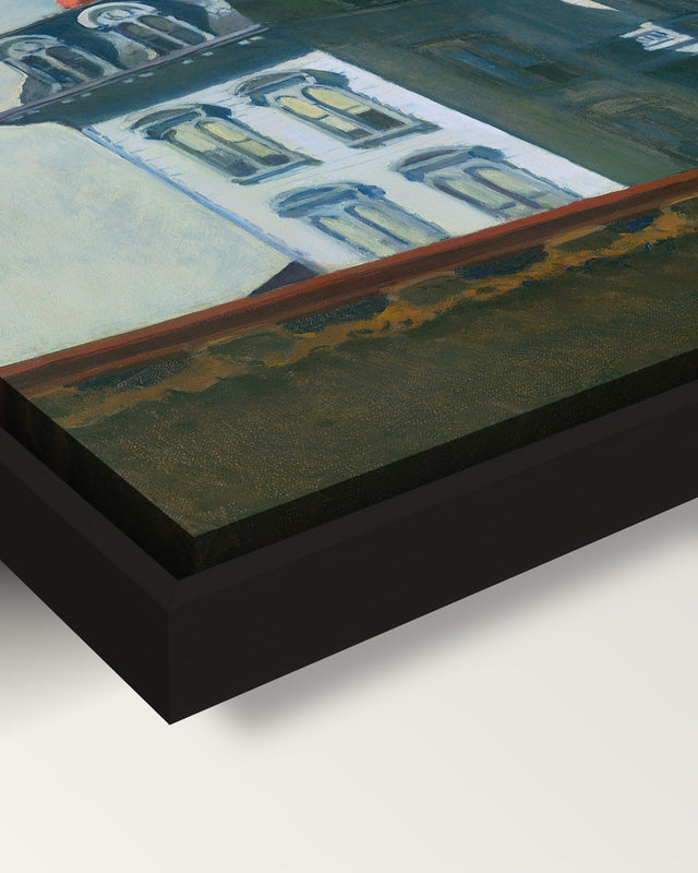 House by the Railroad by Edward Hopper framed canvas, corner close-up: black floating frame, painted edge in the shadow gap