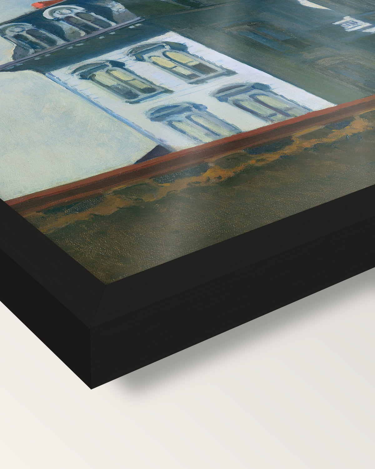 House by the Railroad by Edward Hopper framed print, corner close-up: black moulding, edge to edge under plexiglass, no mat