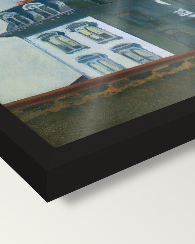 House by the Railroad by Edward Hopper framed print, corner close-up: black moulding, edge to edge under plexiglass, no mat
