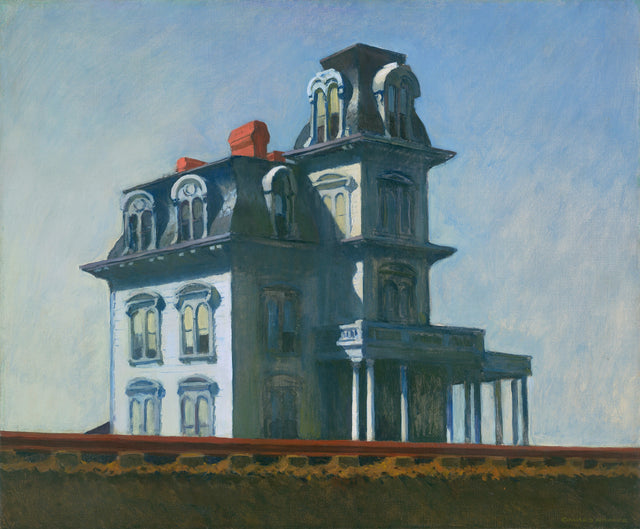 House by the Railroad by Edward Hopper: a tall Victorian house with a mansard roof and tower behind a railway line, blue sky