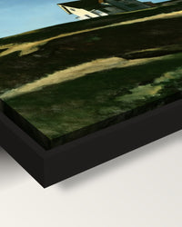 Lighthouse Hill framed canvas, corner close-up: the canvas in a slim black floating frame, its painted edge in the shadow gap