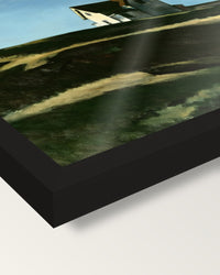 Lighthouse Hill by Edward Hopper framed print, corner close-up: black moulding, edge to edge under plexiglass, no mat