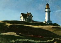 Lighthouse Hill by Edward Hopper: a white lighthouse and a house on a green hill in sunlight against a deep blue sky