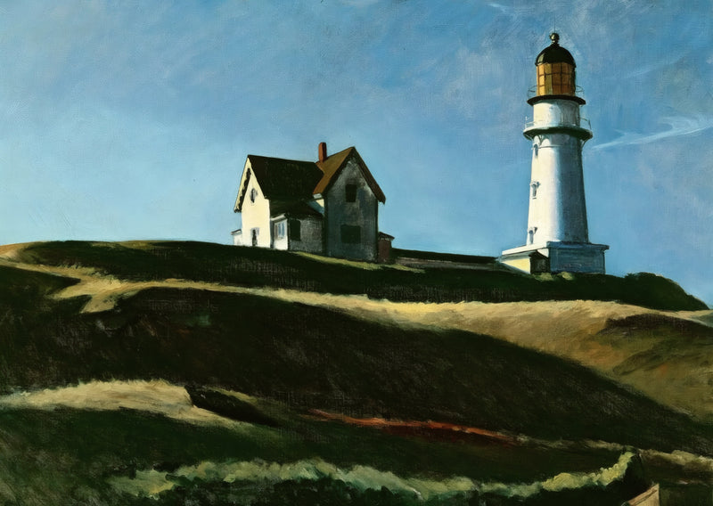 Lighthouse Hill by Edward Hopper: a white lighthouse and a house on a green hill in sunlight against a deep blue sky