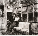 Night on the El Train by Edward Hopper: a man and a woman sit close together in an empty train car at night, etching