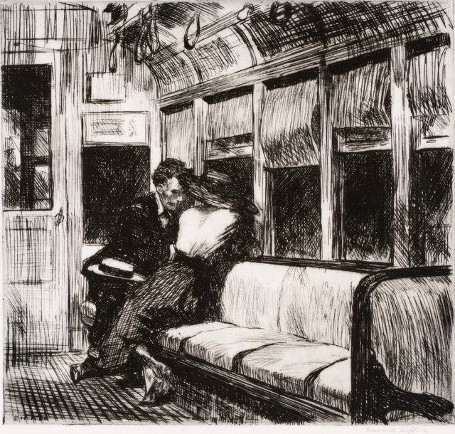 Night on the El Train by Edward Hopper: a man and a woman sit close together in an empty train car at night, etching