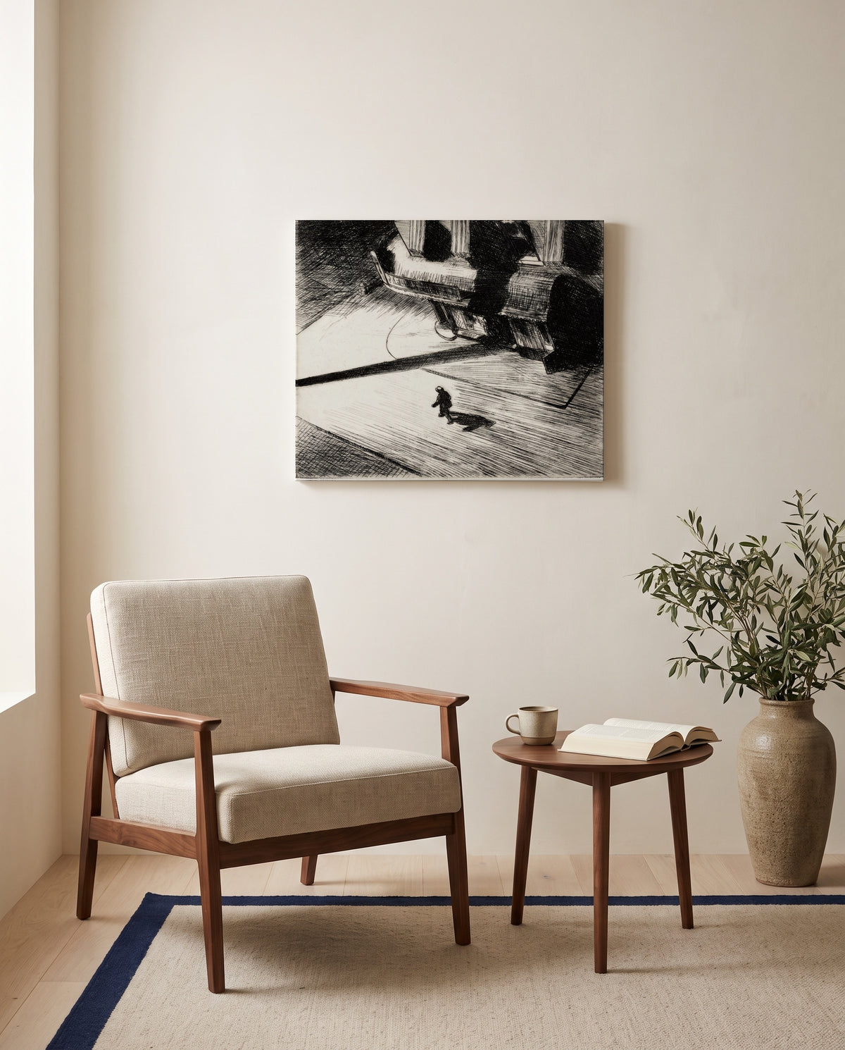 Night Shadows by Edward Hopper as a stretched canvas above a linen lounge chair in a reading corner