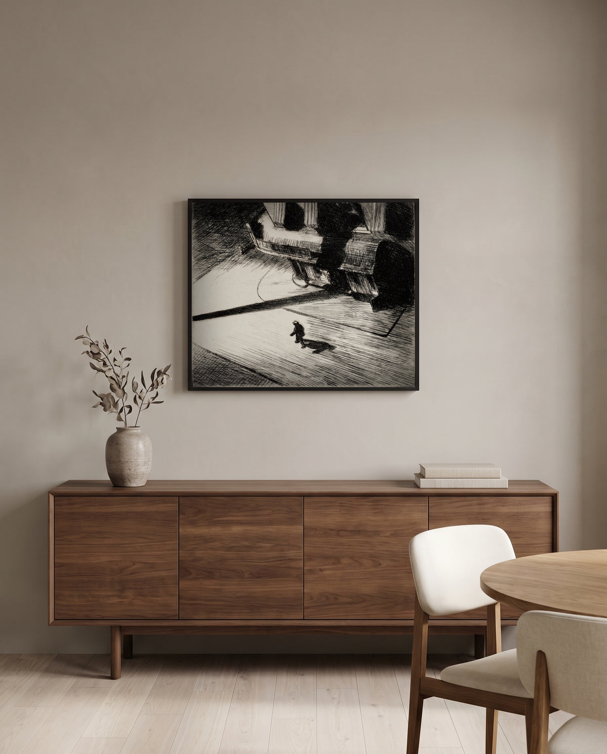 Night Shadows by Edward Hopper in a black frame above a walnut sideboard in a dining room