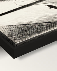 Night Shadows framed canvas, corner close-up: the canvas in a slim black floating frame, its painted edge in the shadow gap