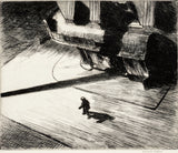Night Shadows by Edward Hopper: a lone figure walks across a corner at night, seen from above, black-and-white etching