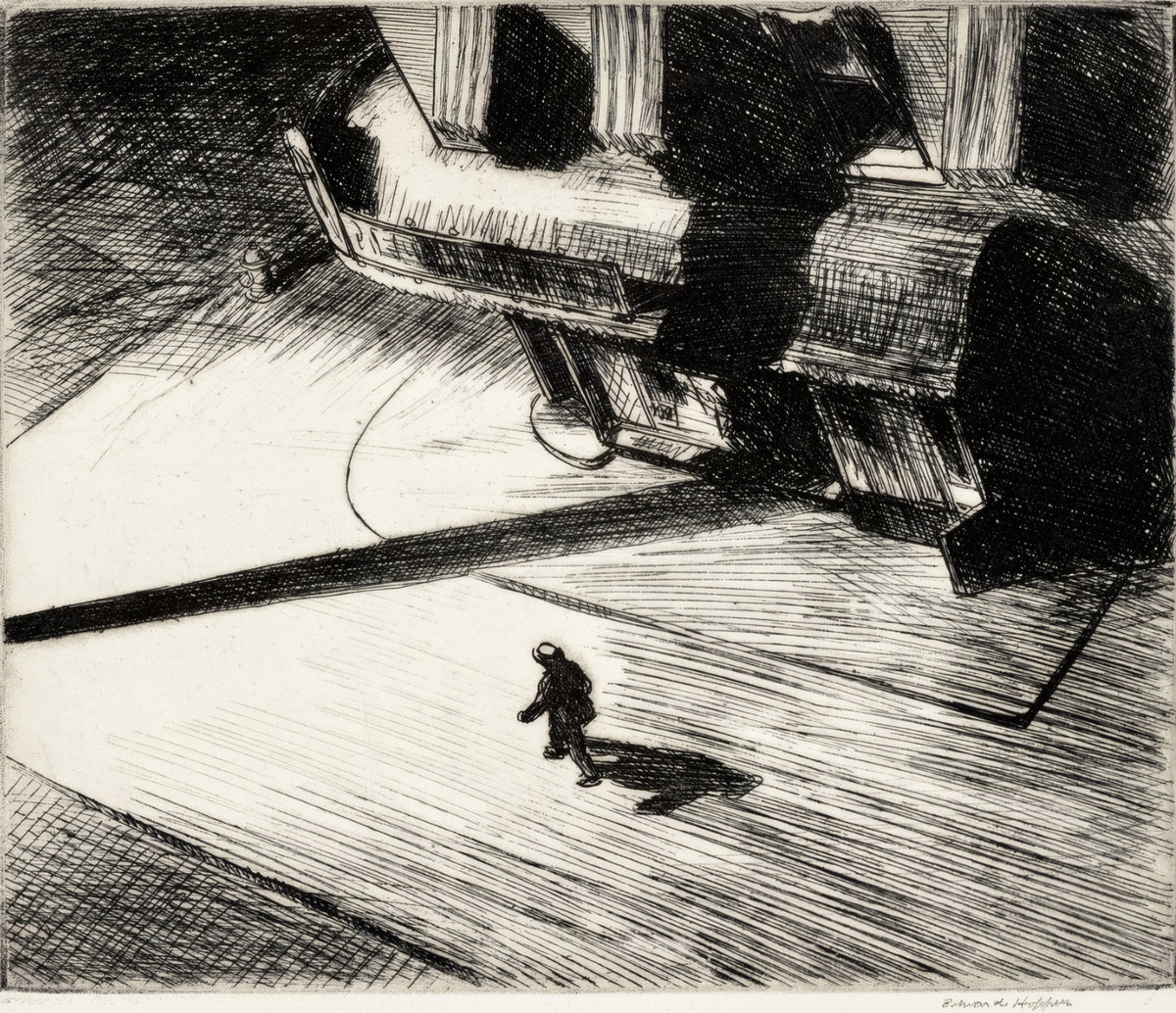 Night Shadows by Edward Hopper: a lone figure walks across a corner at night, seen from above, black-and-white etching