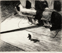 Night Shadows by Edward Hopper: a lone figure walks across a corner at night, seen from above, black-and-white etching