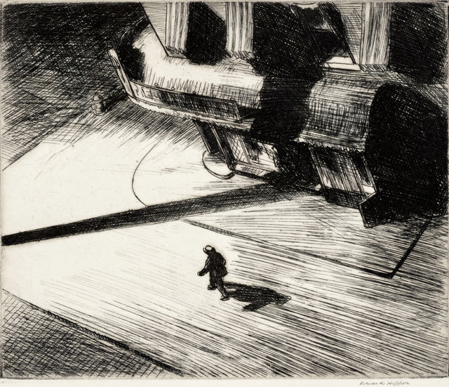 Night Shadows by Edward Hopper: a lone figure walks across a corner at night, seen from above, black-and-white etching